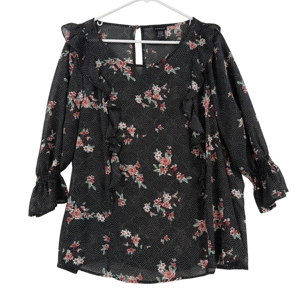 Torrid Blouse Womens 1 Black Floral Square Neck Ruffle 3/4 Sleeve Tunic Top